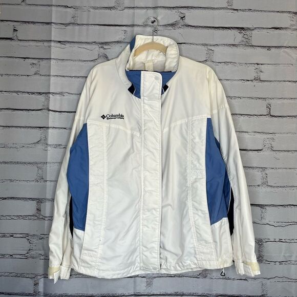Vintage Columbia Bugaboo White and Blue Ski Jacket Full Zip SZ L Snow Winter - Picture 1 of 16